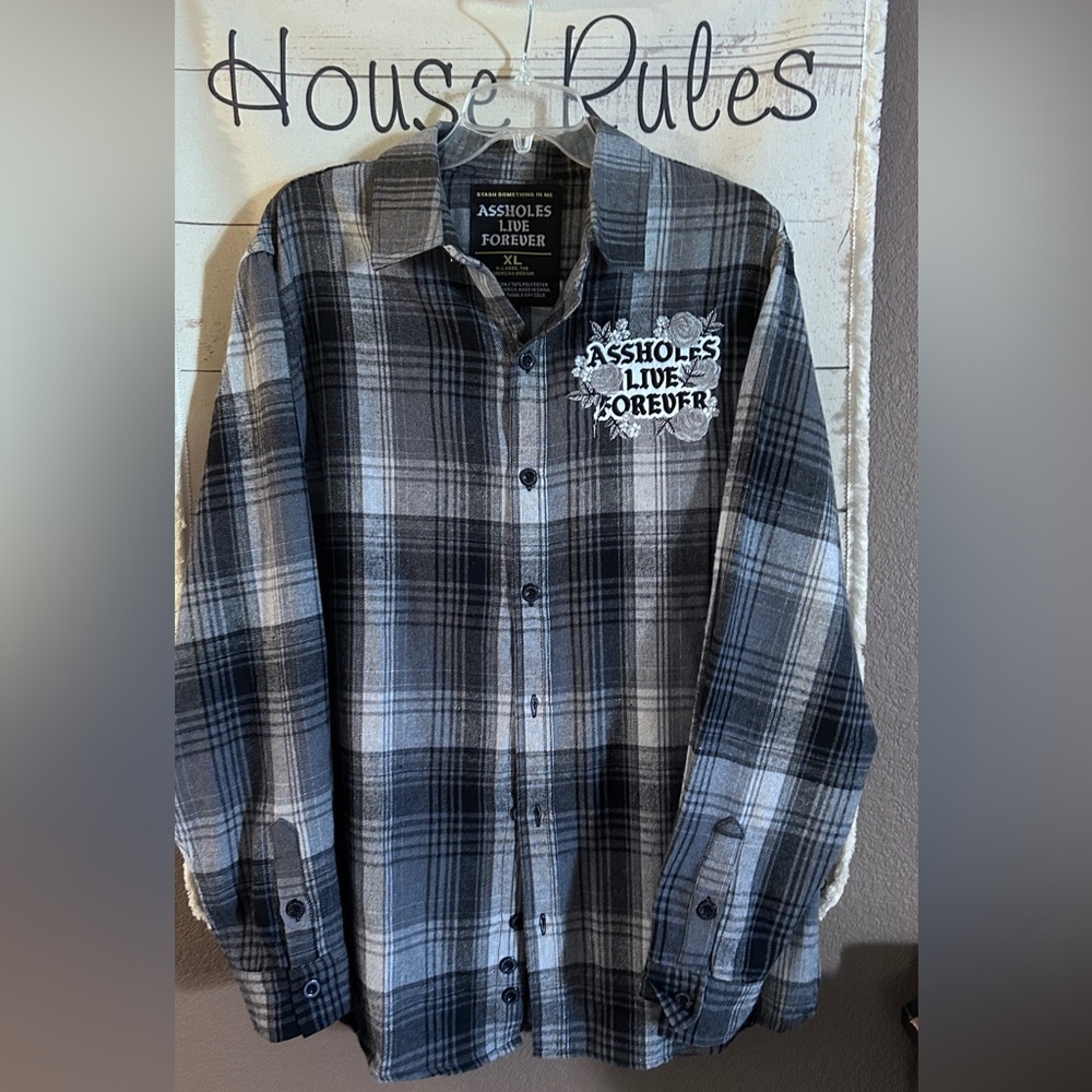 Flannel NEW Black and Gray Plaid  Shirt “ASSHOLES LIVE FOREVER” - Picture 4 of 11